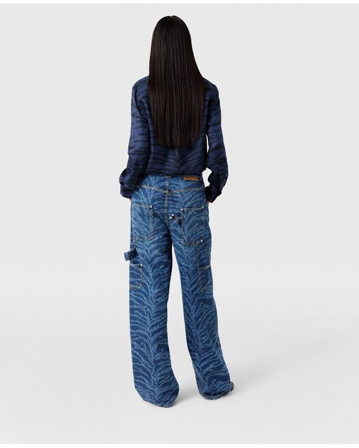 Stella McCartney Blue Tiger Pattern High-Rise Straight Leg Cargo Jeans, , Vintage Wash Denim