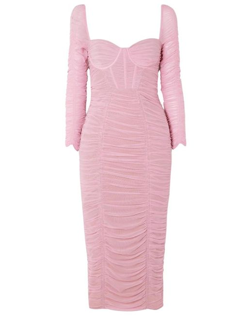 Self-Portrait Synthetic Ruched Stretch Mesh Midi Dress in Pink | Lyst