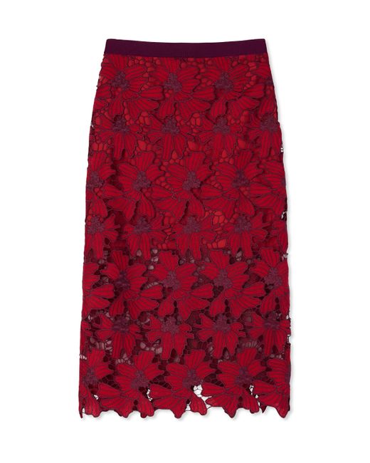 St. John Red Floral Guipure Lace Skirt