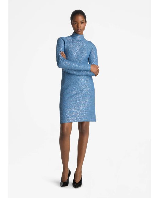 St. John Blue Mock Neck Sequin Knit Dress