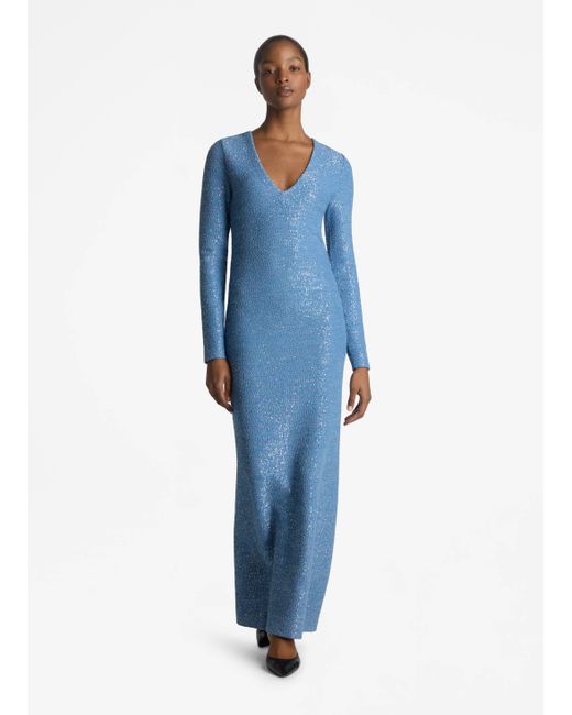 St. John Blue Long Sleeve Sequin V-neck Gown