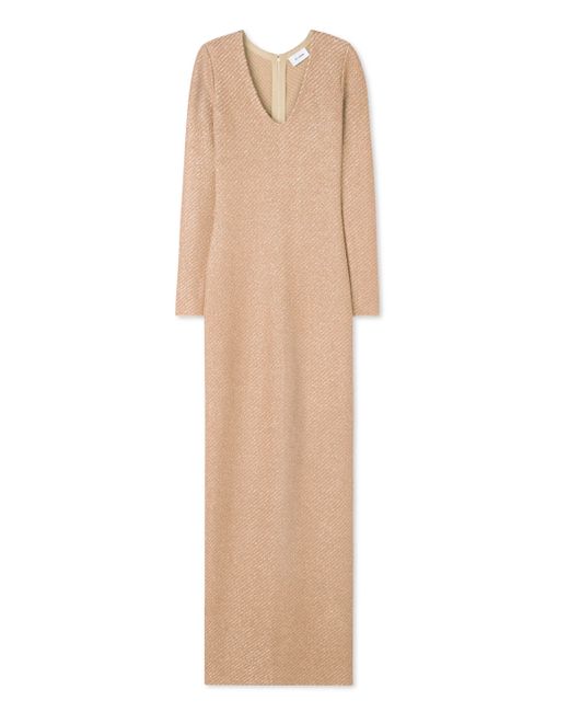 St. John Natural Sequin Stretch Twill Knit V-neck Gown