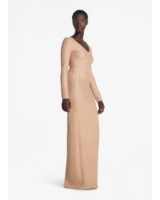 St. John Natural Sequin Stretch Twill Knit V-neck Gown