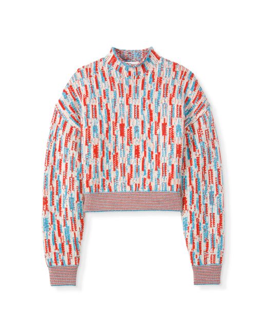 St. John 3color Float Back Jacquard Knit Sweater in Ecru/Red/Turquoise