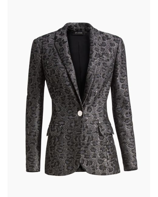 St. John Gray Leopard Jacquard Knit Jacket