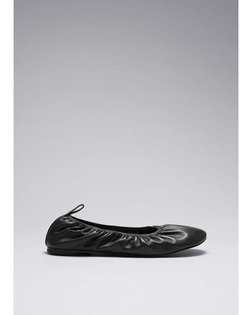 & Other Stories Gray Ruched Leather Ballet Flats