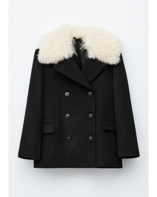 & Other Stories Blue Short Fur-Collar Wool Coat