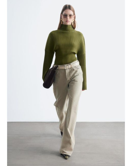 & Other Stories Green Ribbed Mock-Neck Jumper