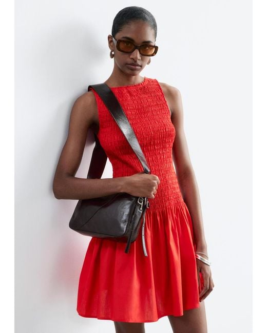 & Other Stories Red Smocked Cotton Poplin Mini Dress