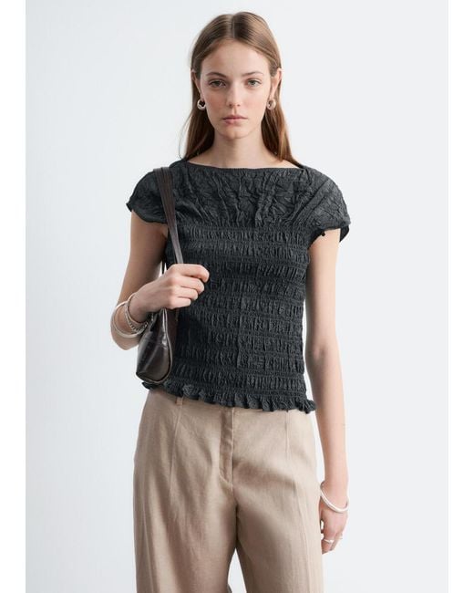 & Other Stories Gray Smocked Boatneck Top