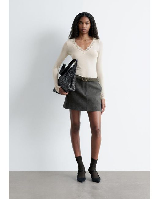 & Other Stories Gray Lace-Trimmed V-Neck Top