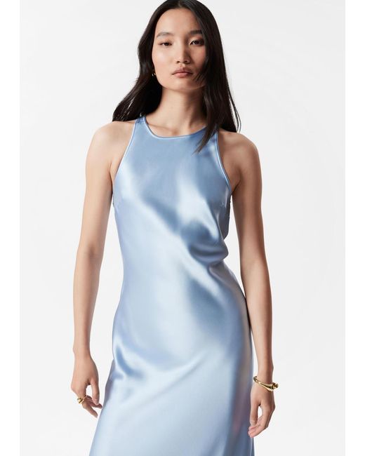 & Other Stories Blue Sleeveless Satin Midi Dress