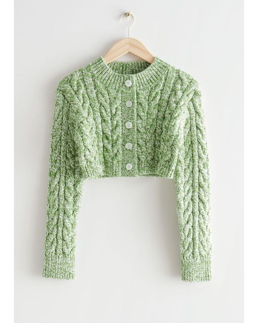 & Other Stories Green Cropped Cable Knit Cardigan