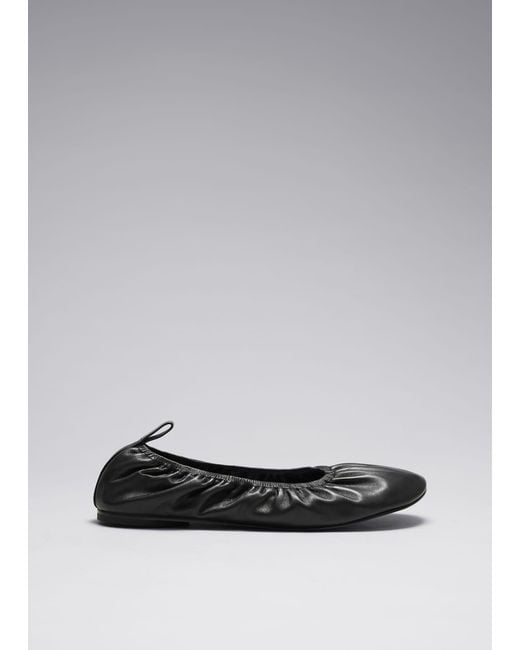 & Other Stories Gray Ruched Leather Ballet Flats