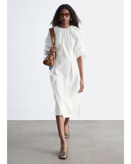 & Other Stories White Sculptural Drawstring Midi Dress