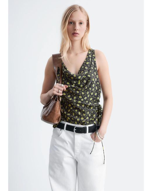 & Other Stories Green Printed Drawstring Silk Top