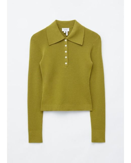 & Other Stories Green Rib-Knit Merino Wool Polo Top
