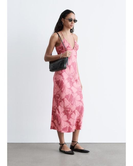 & Other Stories Pink Satin Slip Midi Dress