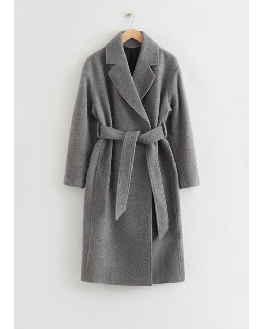 & Other Stories Gray Voluminous Belted Wool Coat