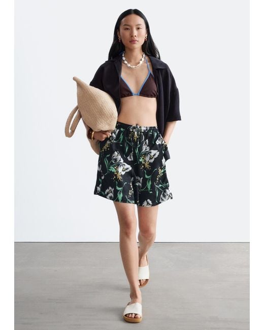 & Other Stories Black Floral Drawstring Shorts