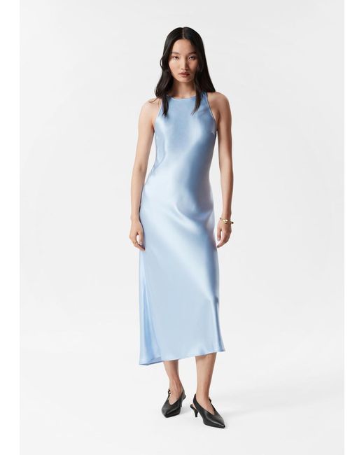 & Other Stories Blue Sleeveless Satin Midi Dress