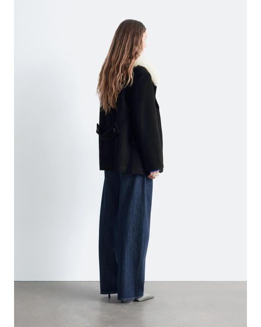 & Other Stories Blue Short Fur-Collar Wool Coat