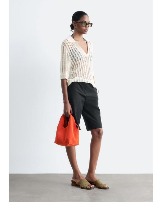 & Other Stories White Open-Knit Polo Top