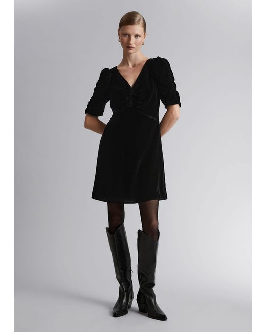 & Other Stories Black Ruched Velvet Mini Dress