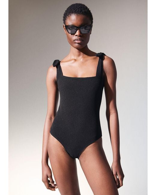 & Other Stories Black Textured Bow Tie Swimsuit