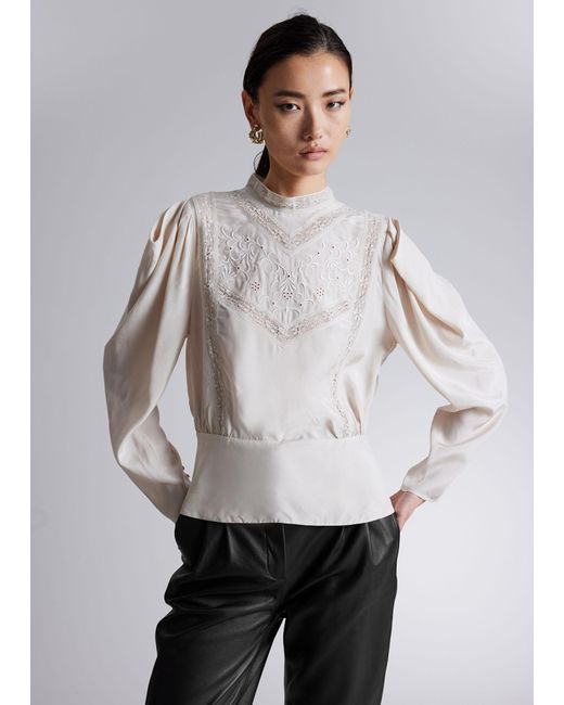 & Other Stories White Embroidered Puff-sleeve Blouse