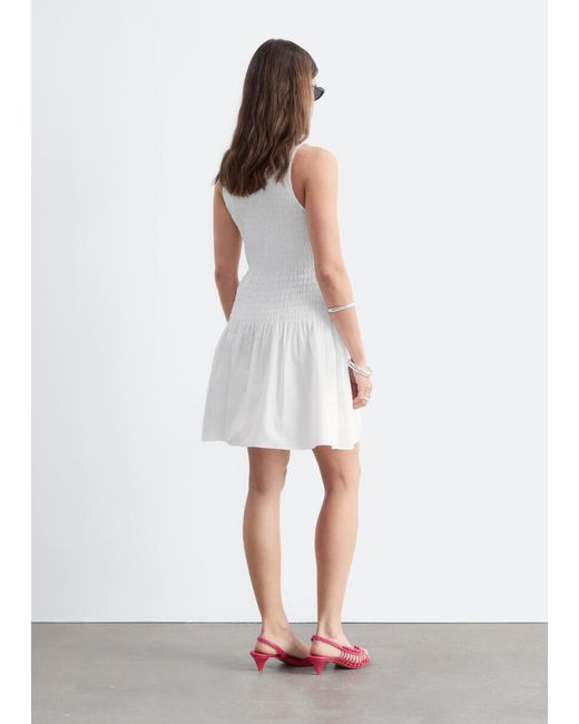 & Other Stories White Smocked Cotton Poplin Mini Dress