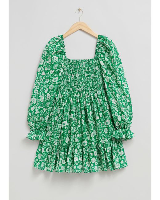 & Other Stories Green Smocked Mini Dress