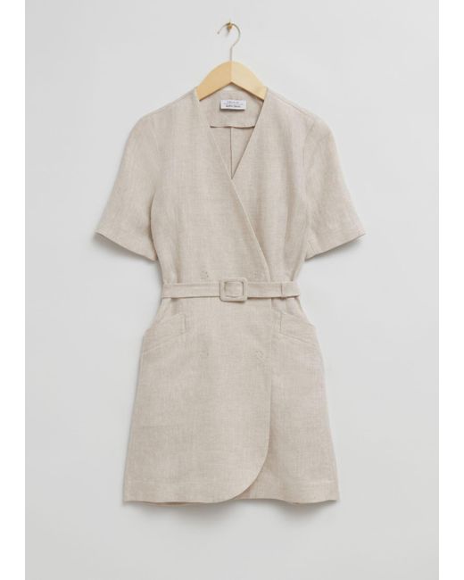 & Other Stories Natural Tailored Linen Belted Mini Dress