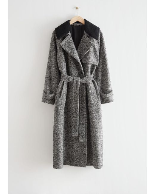 & Other Stories Oversized Tweed Trench Coat in Black | Lyst