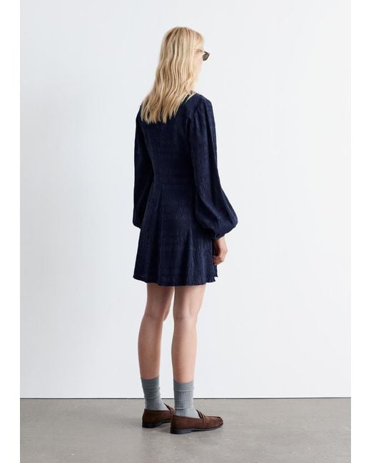 & Other Stories Blue Smocked Balloon-Sleeve Mini Dress