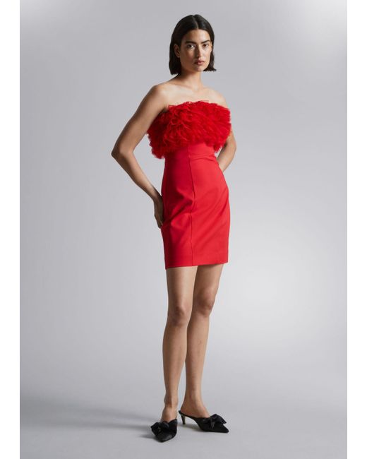 & Other Stories Red Ruffled Tube Mini Dress