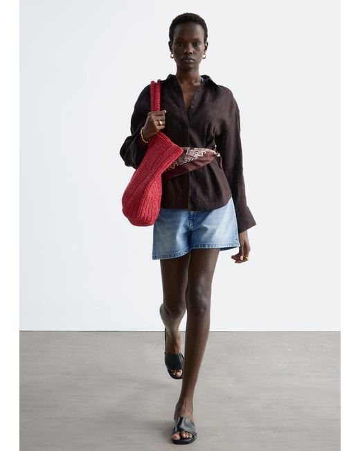 & Other Stories Red Pleated-Waist Linen Shirt