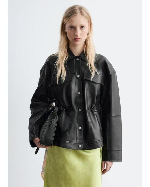 & Other Stories Black Drawstring-Waist Leather Jacket