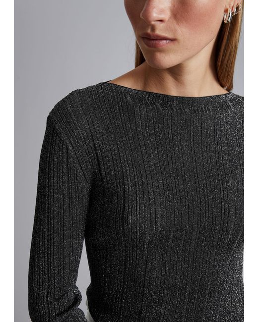 & Other Stories Gray Ribbed Glitter Top