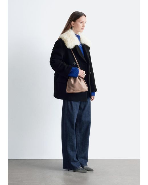 & Other Stories Blue Short Fur-Collar Wool Coat