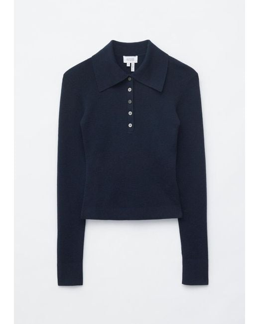 & Other Stories Blue Rib-Knit Merino Wool Polo Top