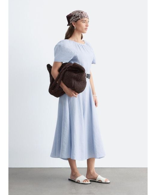 & Other Stories Blue Flared Linen Midi Dress