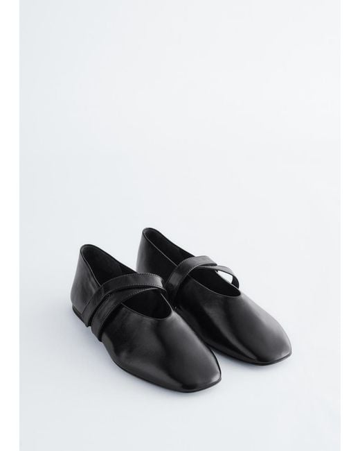 & Other Stories Black Cross-Strap Leather Ballet Flats