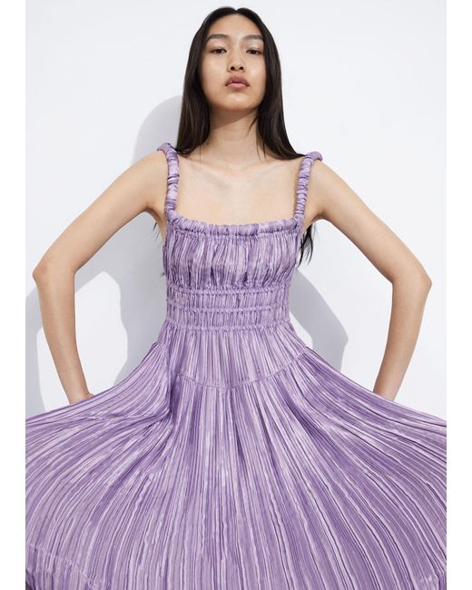 & Other Stories Purple Shirred Satin Midi Dress