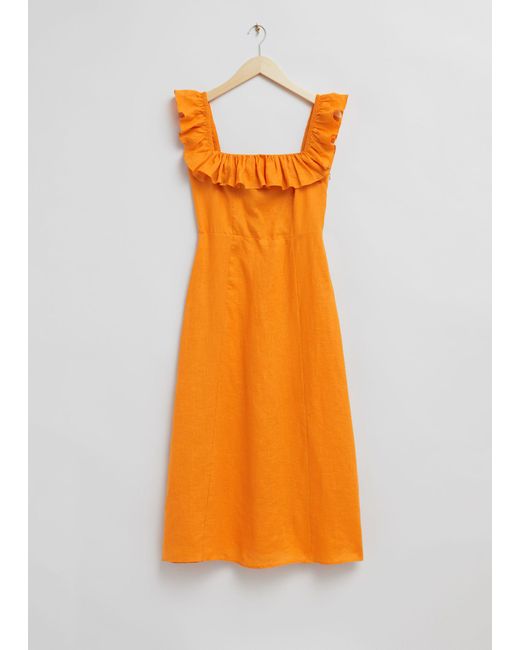 & Other Stories Orange Ruffle Neck Linen Midi Dress