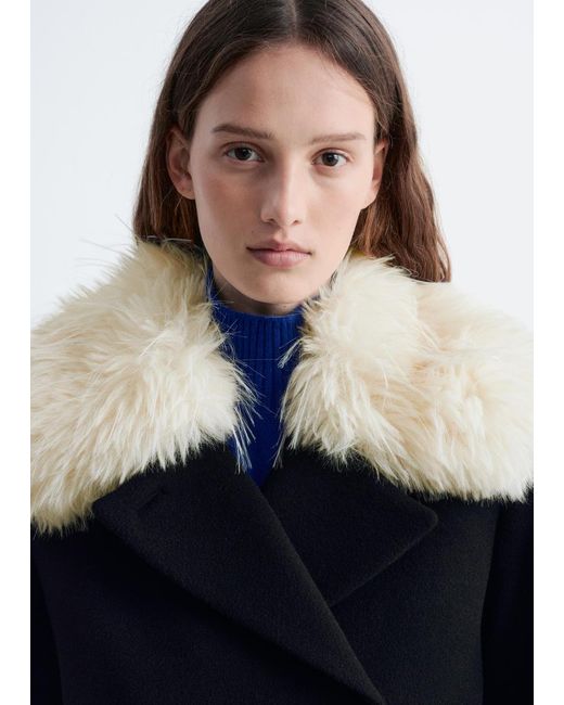 & Other Stories Blue Short Fur-Collar Wool Coat