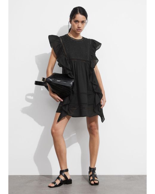 & Other Stories Black Embroidered Ruffle Mini Dress