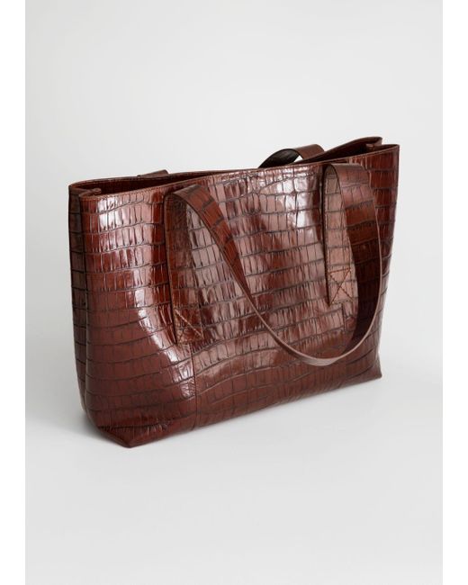& Other Stories Brown Crocodile Embossed Leather Tote Bag