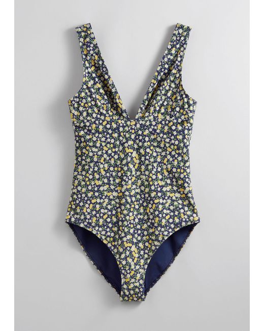 & Other Stories Blue Printed V-cut Swimsuit