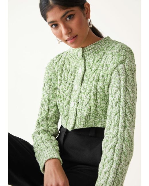 & Other Stories Green Cropped Cable Knit Cardigan